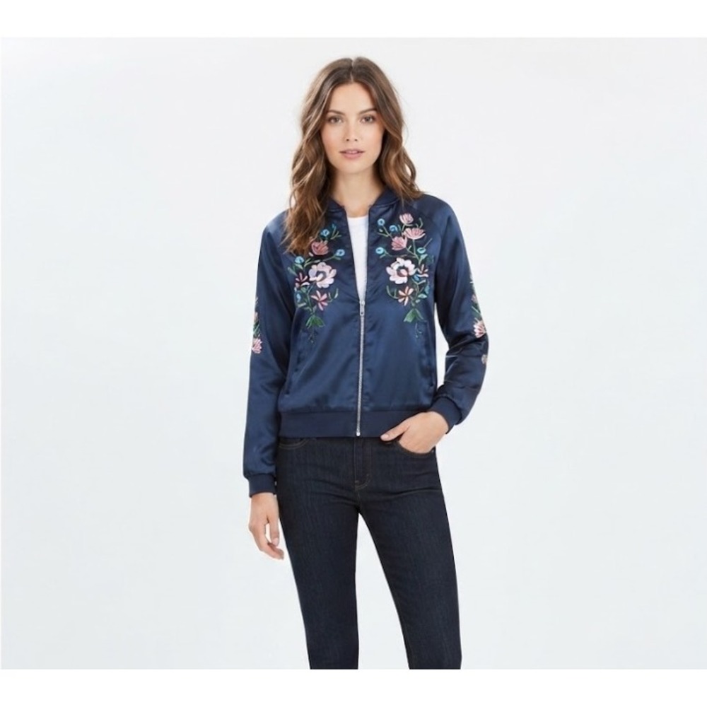 AQUA Bloomingdale's Exclusive Floral Embroidered Satin Bomber Jacket Navy Medium